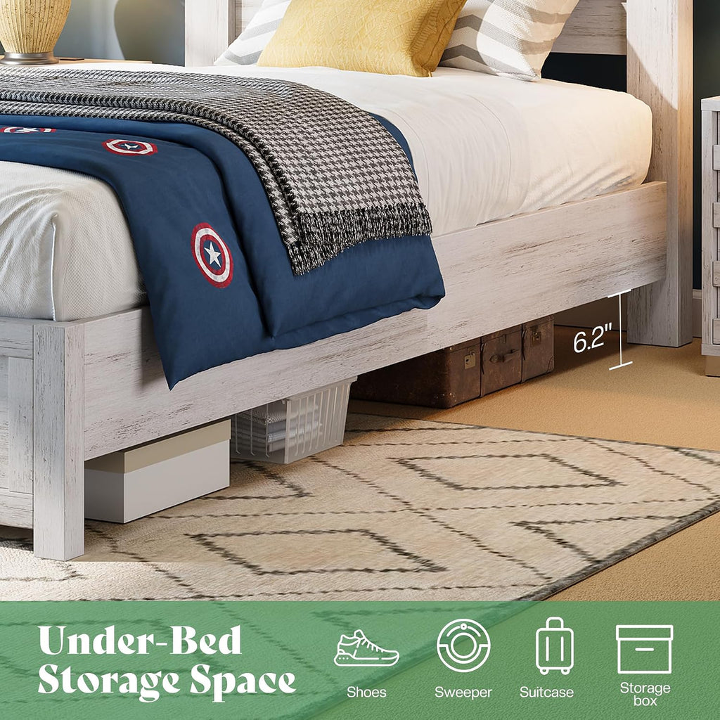 AMERLIFE Farmhouse Twin Bed Frame with 49' Fluted Headboard, Platform Bed with Natural Wood Grain Finish, Noise Free, No Box Spring Needed, Distressed White