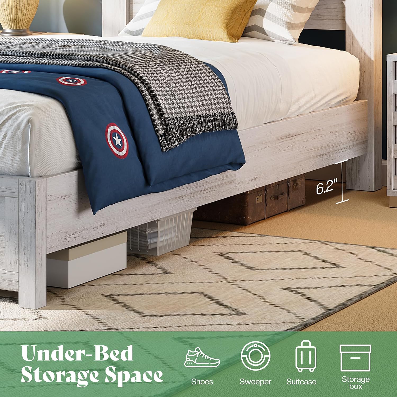 AMERLIFE Farmhouse Twin Bed Frame with 49' Fluted Headboard, Platform Bed with Natural Wood Grain Finish, Noise Free, No Box Spring Needed, Distressed White