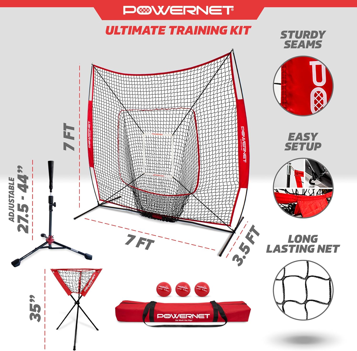PowerNet Baseball Softball Practice Net 7x7 with Baseball Accessories for Practice Pitching, Batting & Fielding, Ball Caddy, Weighted Baseballs, Tee