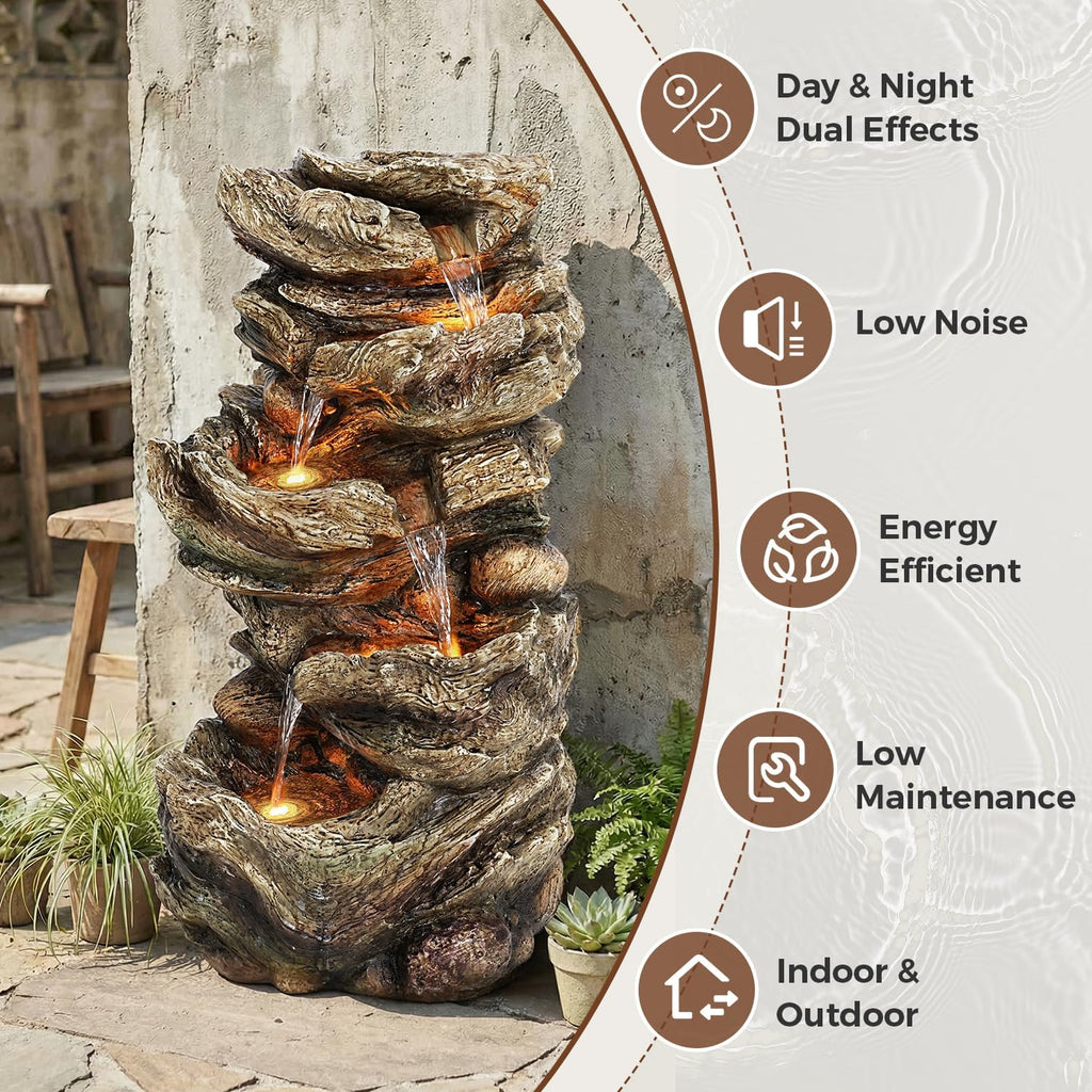 Jocoevol 32' High Outdoor Water Fountain, 5-Tiers Cascading Rock Waterfall Fountain with LED Lights for Garden, Patio, Yard Decor, Soothing Tranquility for Any Outdoor Living Space