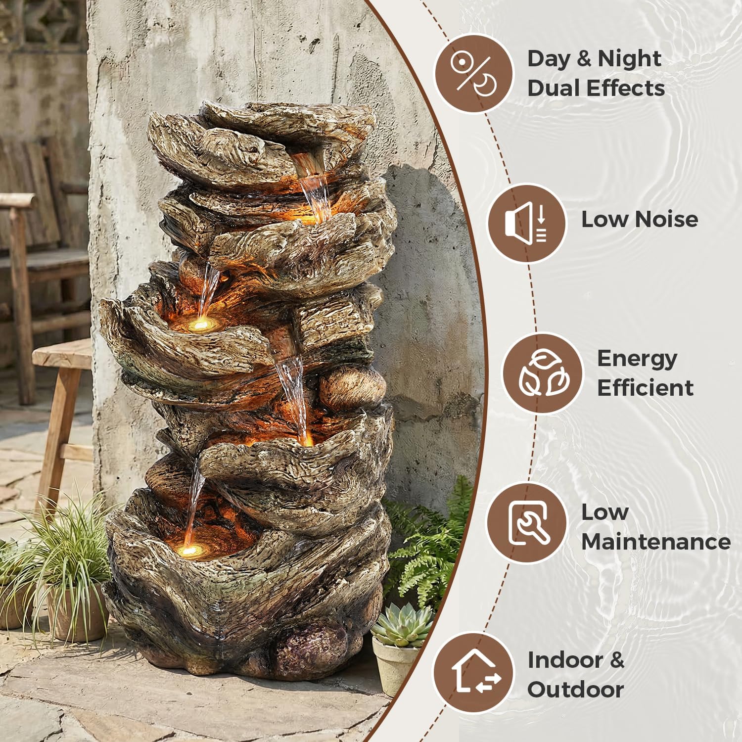 Jocoevol 32' High Outdoor Water Fountain, 5-Tiers Cascading Rock Waterfall Fountain with LED Lights for Garden, Patio, Yard Decor, Soothing Tranquility for Any Outdoor Living Space