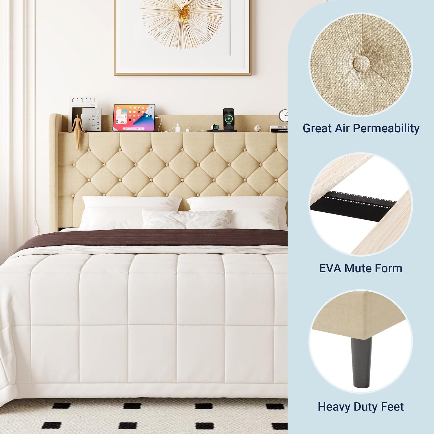 Allewie Queen Size Bed Frame, Storage Headboard with Charging Station, Wingback Linen Upholstered, Diamond Stitched Button Tufted, Sturdy Wooden Slats, No Box Spring Needed, Easy Assembly, Beige