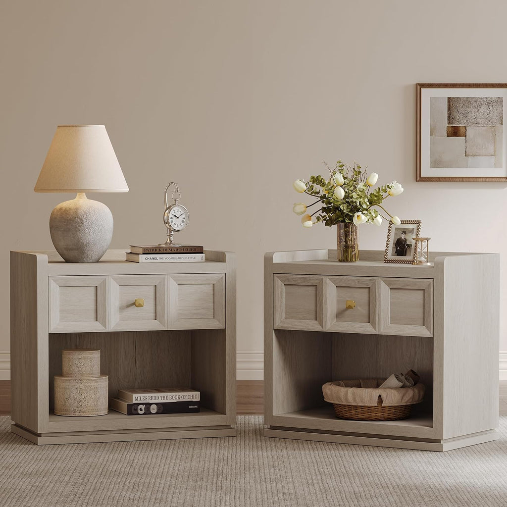 SICOTAS Night Stand Set 2, 26' Wide Nightstands with Drawer, Large Queen Size Nightstands Set of 2, Modern Bedside Table for Bedroom, Side End Table, Grey White Oak