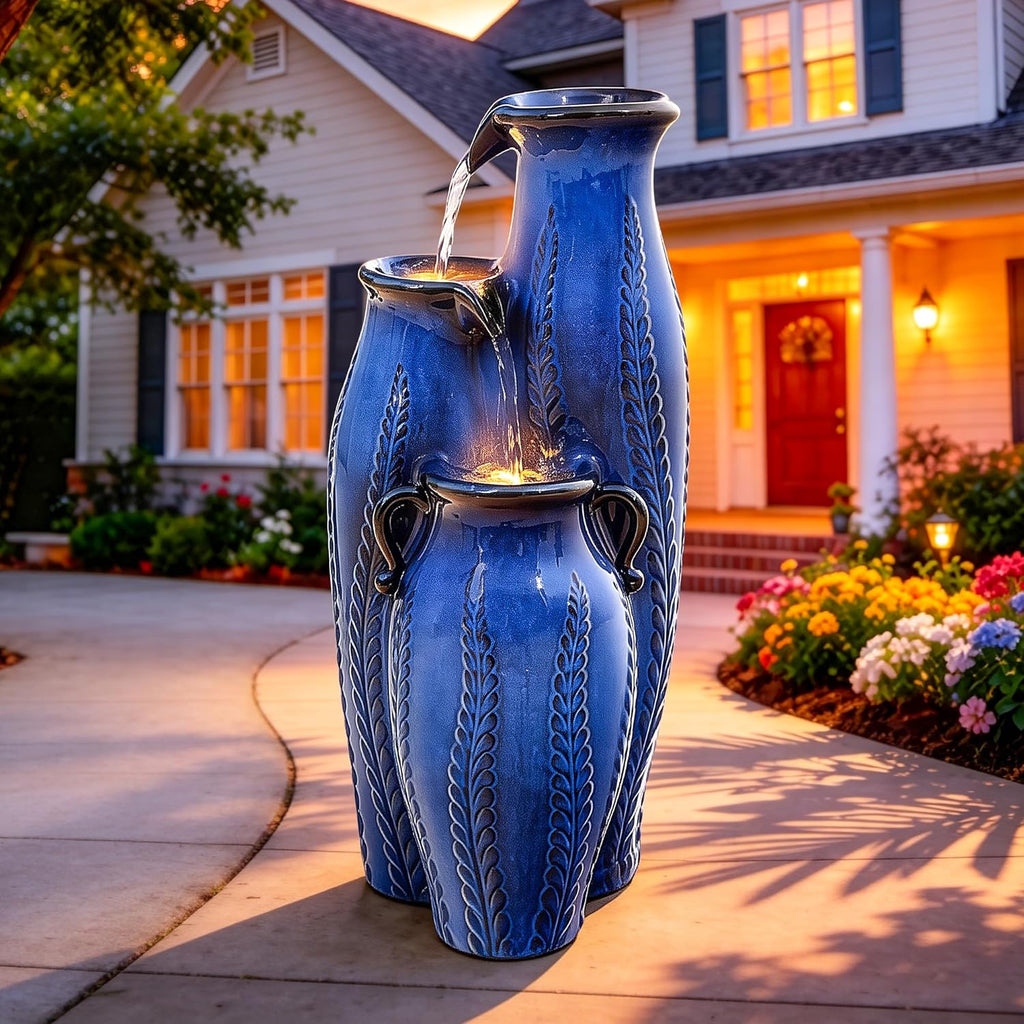 29.5' H Ceramic Outdoor Water Fountain with LED Lights, 3-Tier Vase Cascading Water Feature, Cobalt Blue with Embossed Leaf Patterns, Tranquil Waterfall for Garden, Patio, Yard, or Porch