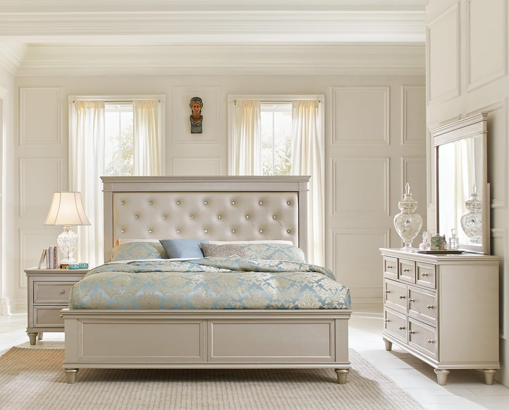 5-Piece Modern Silver Finish Queen Size Bed Set Upholstered Headboard Traditional Design Wooden Bedroom Furniture