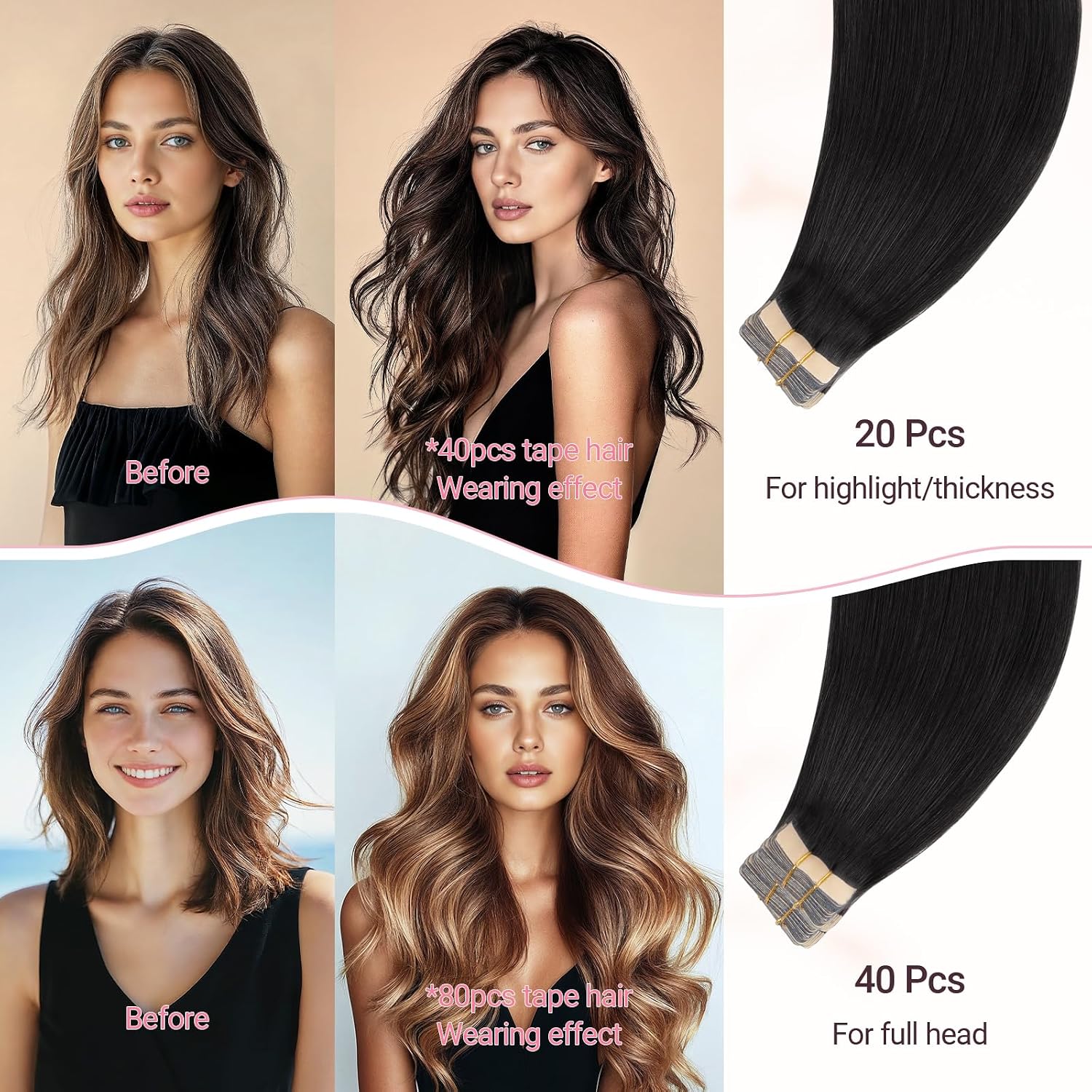 MAXITA Tape in Hair Extensions 1B Natural Black 22 Inch 100g 40pcs Thick Ends Remy Human Hair Seamless Straight Invisible Tape in Extensions