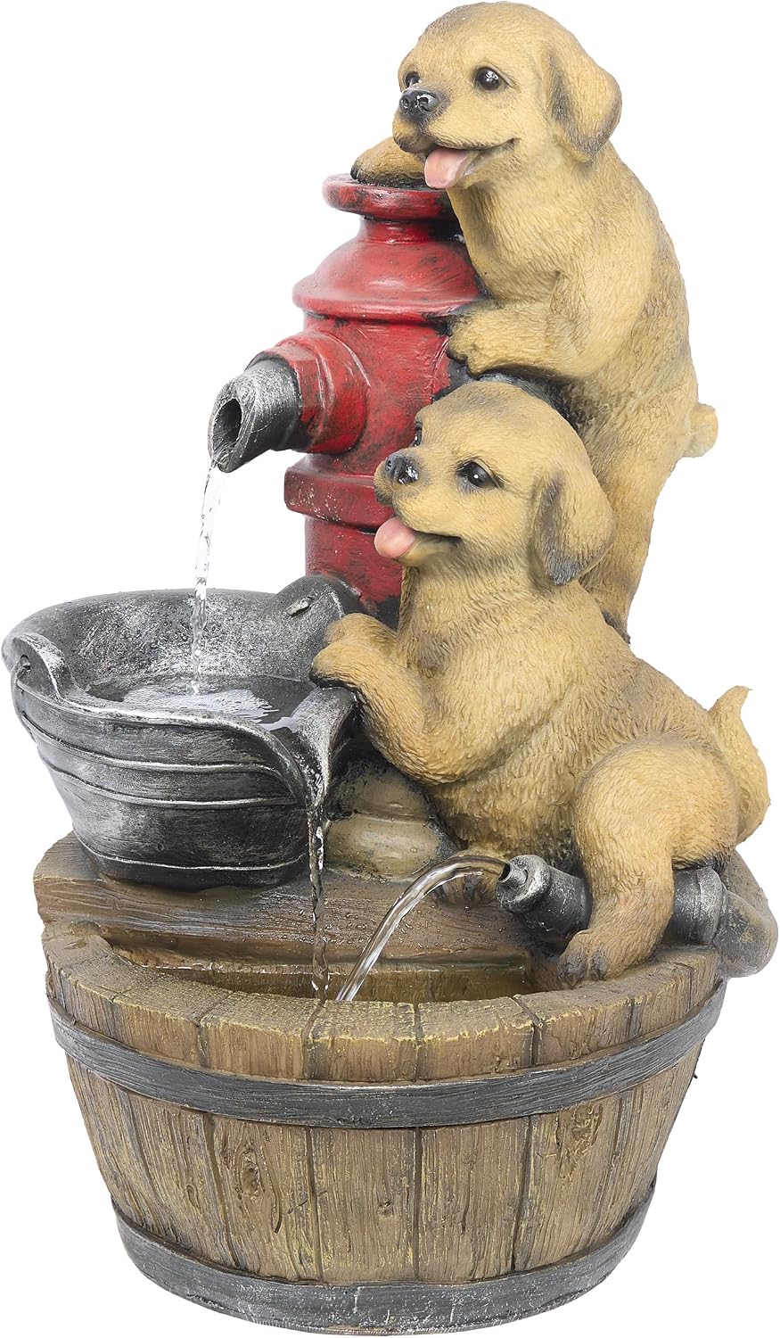 Alpine Corporation GXT986 26' Tall Outdoor Barrel Fountain with Playful Puppies, Cascading Garden Water Feature for Patio, Lawn, or Yard Decor, Brown