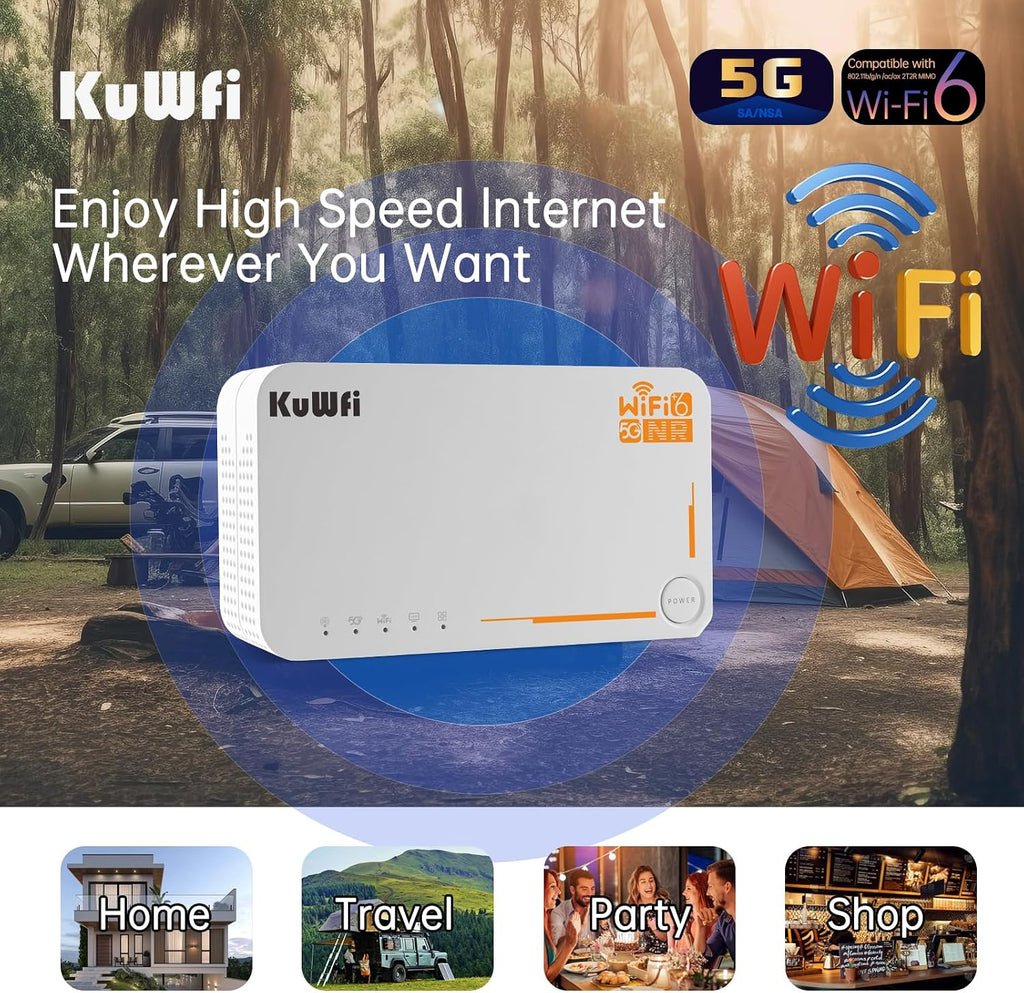 KuWFi 5g Router with sim Card Slot Unlocked,AX3600 WiFi-6 Modem with Sim Card Slot,NR NSA/SA 5G NR SA NSA AX3000 WiFi 6 CPE Router with Battery use for Outdoor and Indoor