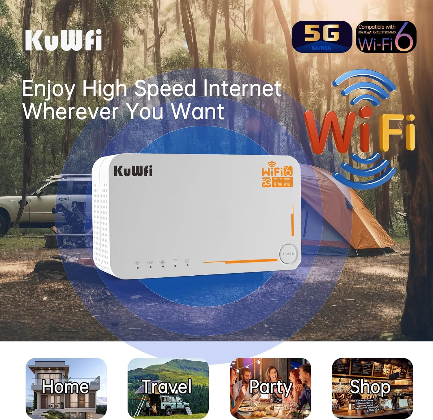 KuWFi 5g Router with sim Card Slot Unlocked,AX3600 WiFi-6 Modem with Sim Card Slot,NR NSA/SA 5G NR SA NSA AX3000 WiFi 6 CPE Router with Battery use for Outdoor and Indoor