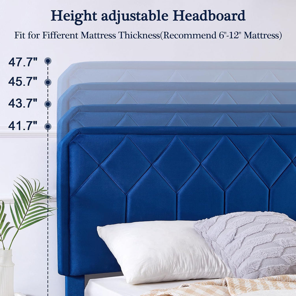 VECELO Queen Size Bed Frame, Velvet Upholstered Platform with Adjustable Headboard, Mattress Foundation with Solid Wood Slats, No Box Spring Needed, Easy Assembly
