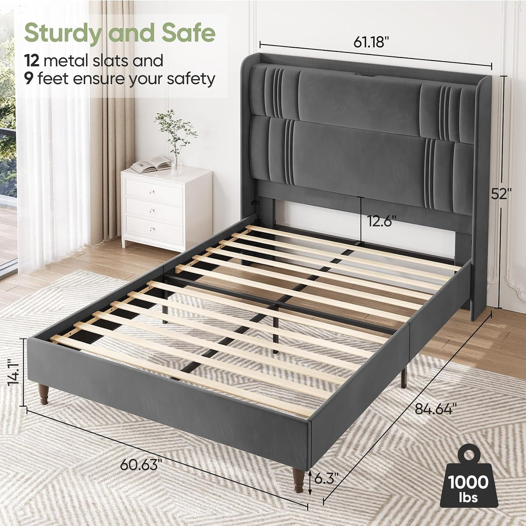 Queen Bed Frame with Tall Headboard, 52' Upholstered Platform Bed Frame with Charging Station, Luxury Velvet Bed Frames/Curved Wingback Headboard, No Box Spring Needed, Easy Assembly/Sturdy, Dark Grey