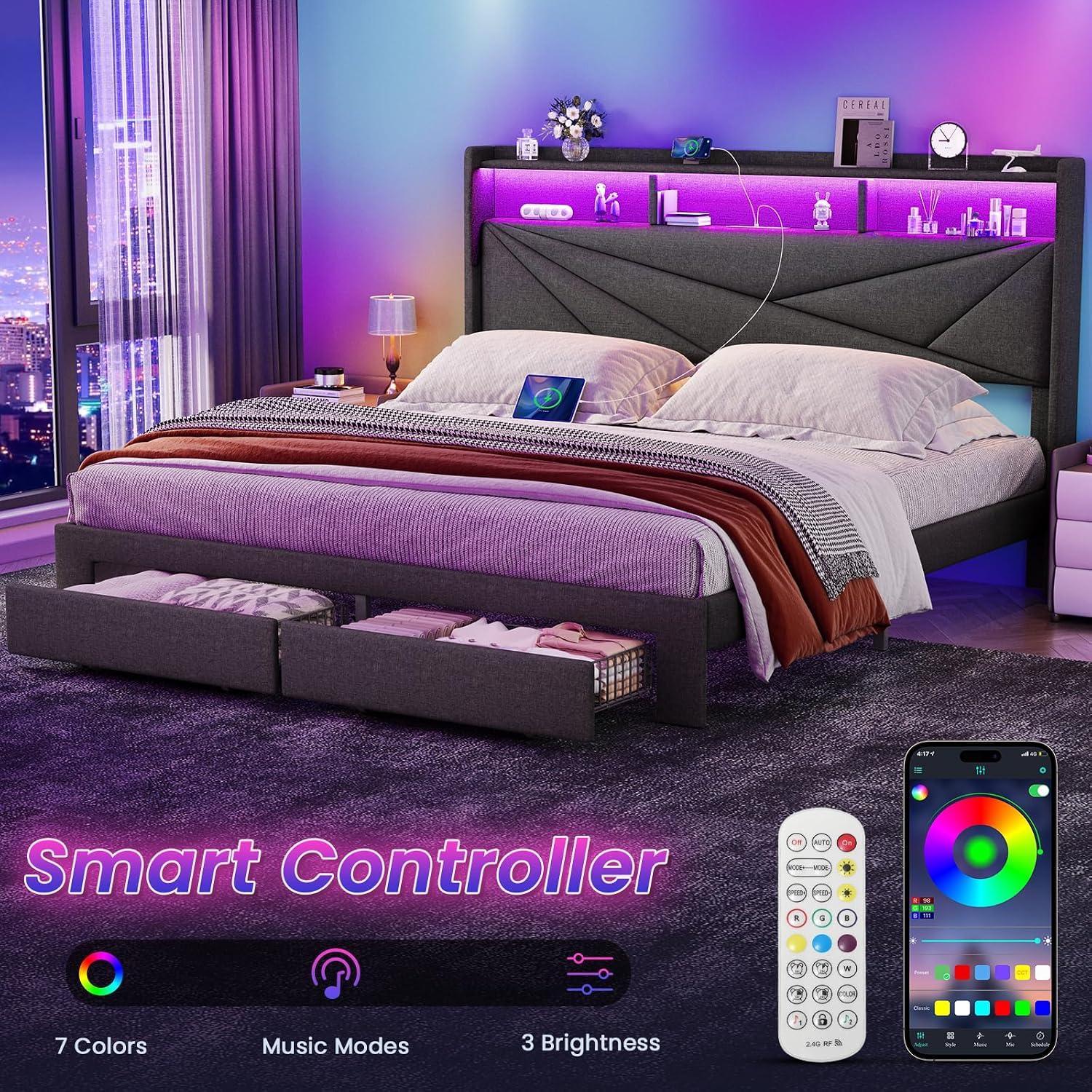 Driftalia Full Size Bed Frame with 2-Tier Storage Headboard, Upholstered Full Bed Frame with 2 Drawers, Charging Station and LED Lights, No Box Spring Needed, Easy Assembly - Dark Grey