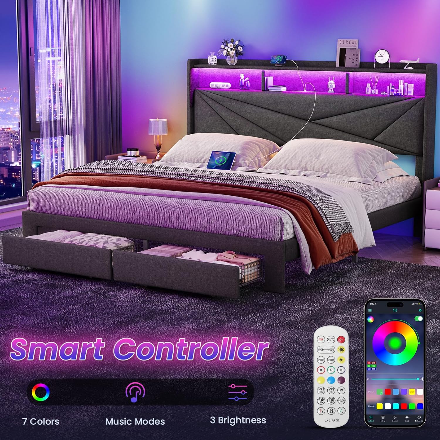 Driftalia Queen Bed Frame with 2-Tier Storage Headboard, Upholstered Bed Frame Queen Size with 2 Drawers, Charging Station and LED Lights, No Box Spring Needed, Easy Assembly - Dark Grey