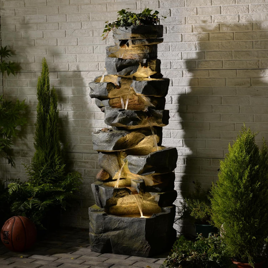 Sunlinua 58' H Outdoor Water Fountain with 7 Tiers New Upgraded Large Cascading Realistic Rock Waterfall Fountains with Lights Outdoor Water Fountain for Garden Patio Backyard Porch Home Decor