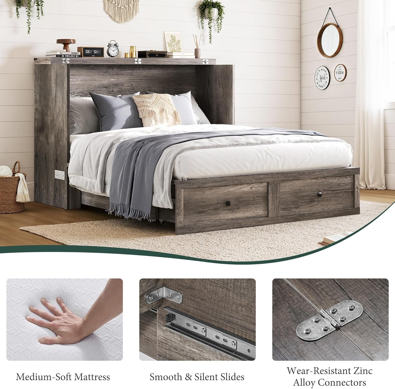 LUXOAK Queen Murphy Bed with 6' White Tri-Fold Memory Foam Mattress, Storage Drawer & Charging Station, Space-Saving Design for Home Office or Guest Room, Rustic Grey