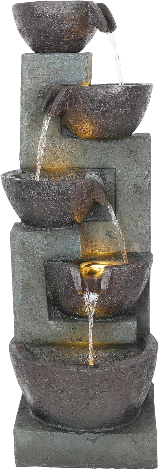Alpine Corporation 39' Tall 5-Tier Bowls Waterfall Fountain with LED Lights, Elegant Outdoor Water Feature for Garden, Patio, Yard, Gray