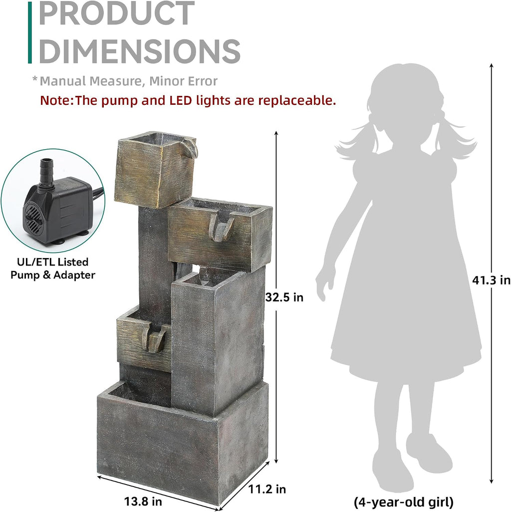32.5' Modern Outdoor Water Fountain with LED Lights, 5-Tier Stacked Blocks Garden Fountain Cascading Waterfall Feature for Relaxing Garden, Patio, Backyard, Deck, Porch or Home Décor