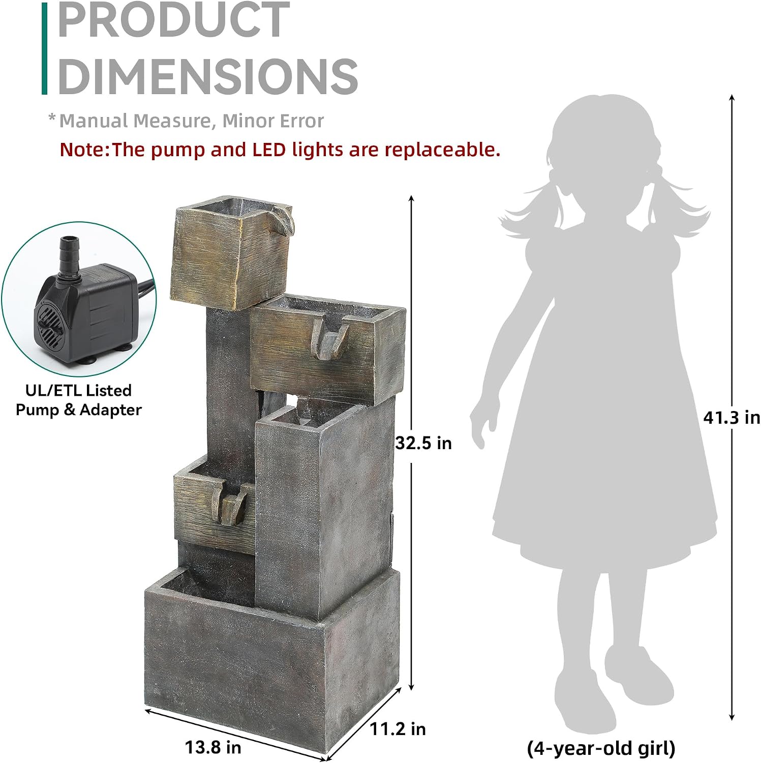 32.5' Modern Outdoor Water Fountain with LED Lights, 5-Tier Stacked Blocks Garden Fountain Cascading Waterfall Feature for Relaxing Garden, Patio, Backyard, Deck, Porch or Home Décor