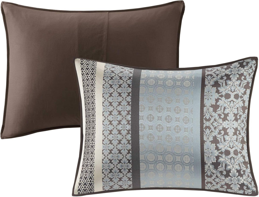 Madison Park Princeton Cozy Comforter Set - Luxurious Jaquard Traditional Damask Design, All Season Down Alternative Bedding with Matching Shams, Decorative Pillow, Cal King(104'x92'), Blue 7 Piece