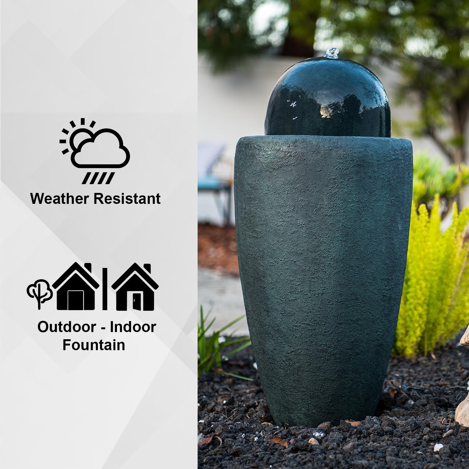 XBrand 25.98' Modern Sphere Water Fountain with LED Light – Indoor Outdoor Stone Texture Floor Fountain, Zen Bubbling Ball Water Feature for Garden Patio Porch - Dark Green