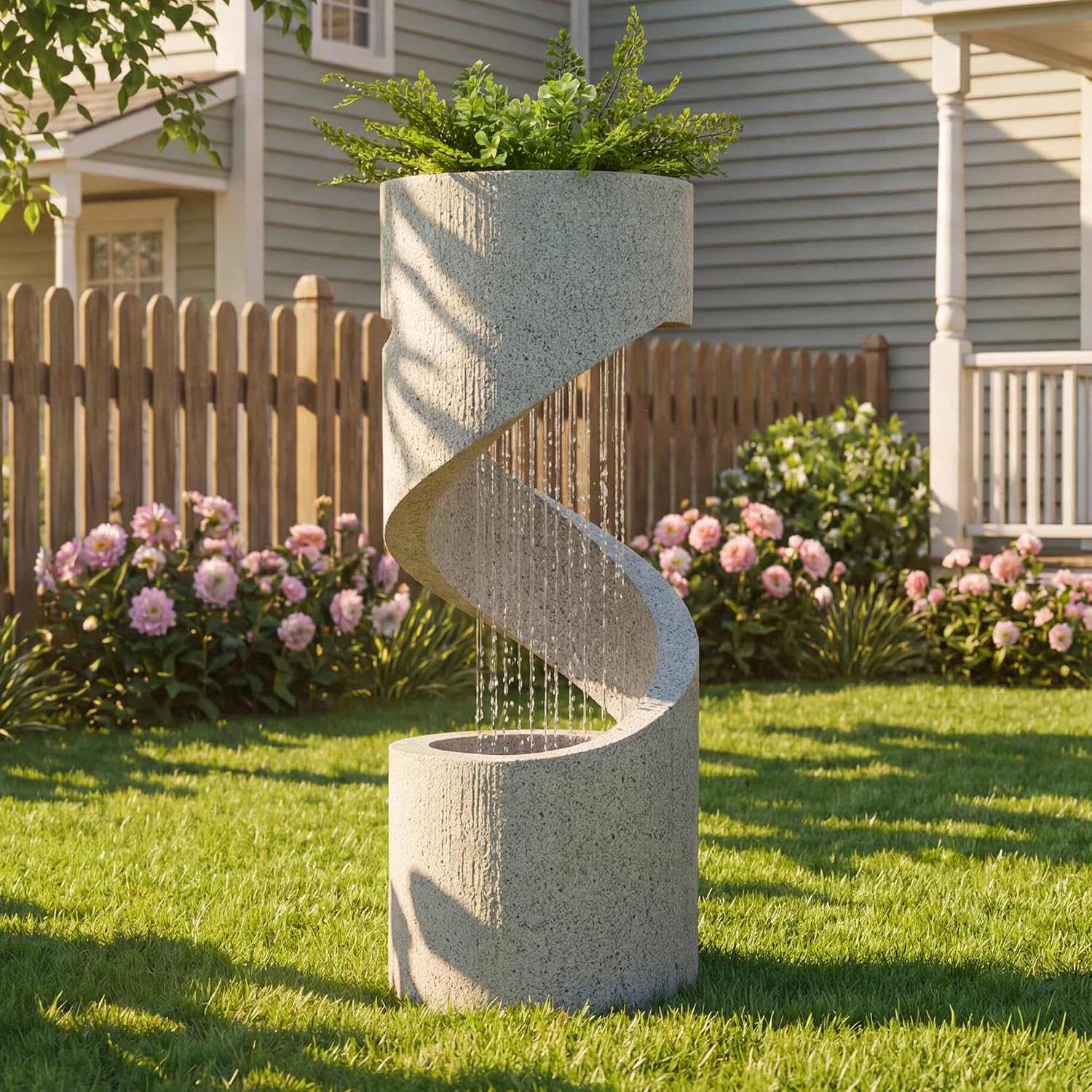 Glitzhome Outdoor Water Fountain with LED Light, Decorative Tiered Curved Waterfall Fountain with Stone Planter, Faux Terrazzo Spiral Shaped Outdoor Fountains for Garden Deck Patio Porch, 31.25'H
