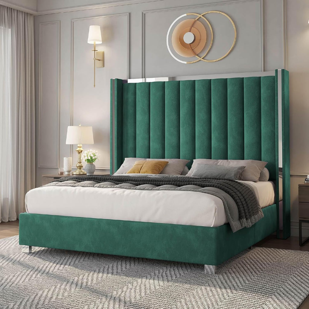 Jocisland Bed Frame with 58' Tall Headboard, Platform Velvet Upholstered Bed with Channel Tufted Wingback Headboard and Plating Trim, No Box Spring Needed, Green, Queen