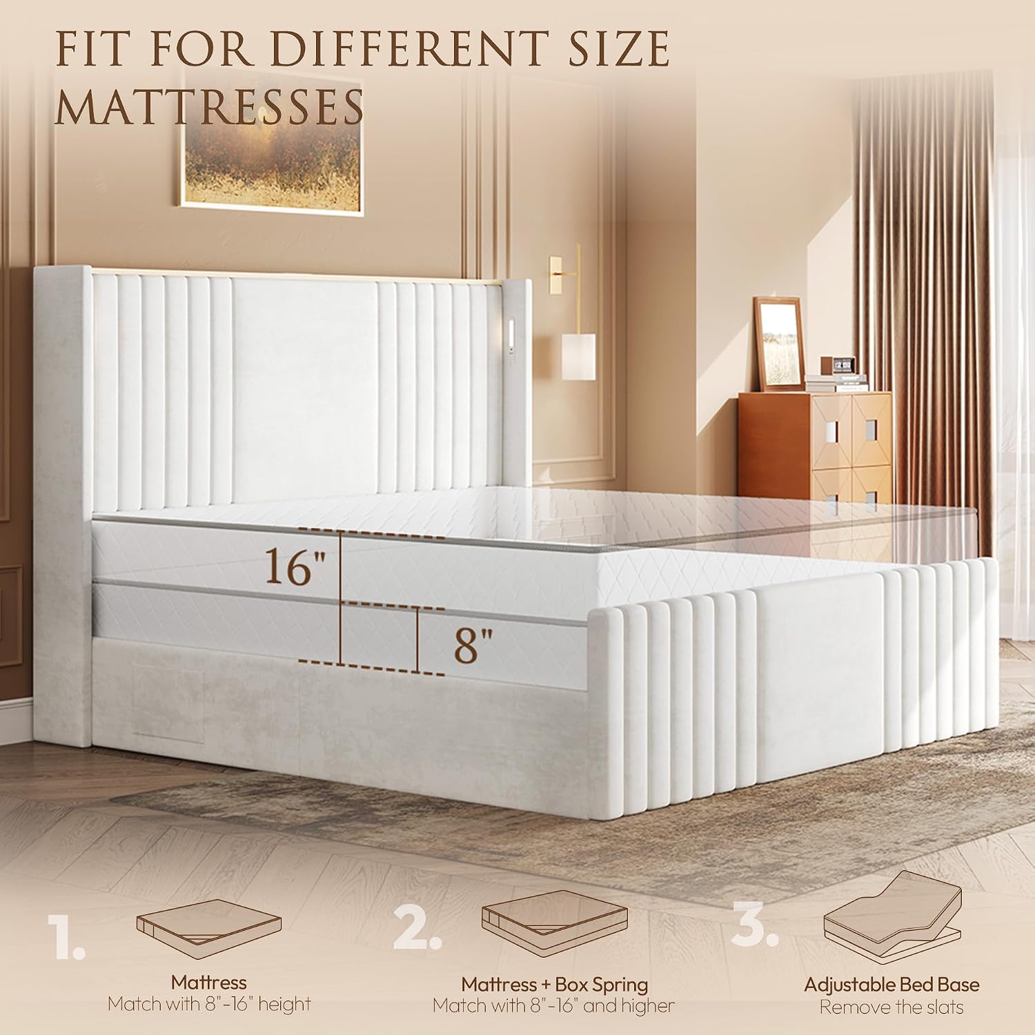 King Size Bed Frame with 55.1' Tall Headboard, Velvet Upholstered Platform Bed with Channel Tufted Wingback, 2 Reading Lights/Storage Shelf/Charging Station/Easy Assembly/Noise-Free, Cream