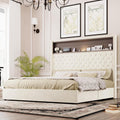 Queen Size Bed Frame with Storage, Velvet Tufted Soft Bed Frame with 52'' High Headboard with Rivet Decoration, Wing-back Platform Bed with Headboard Shelf, No Box Spring Needed (Beige,Queen,42)