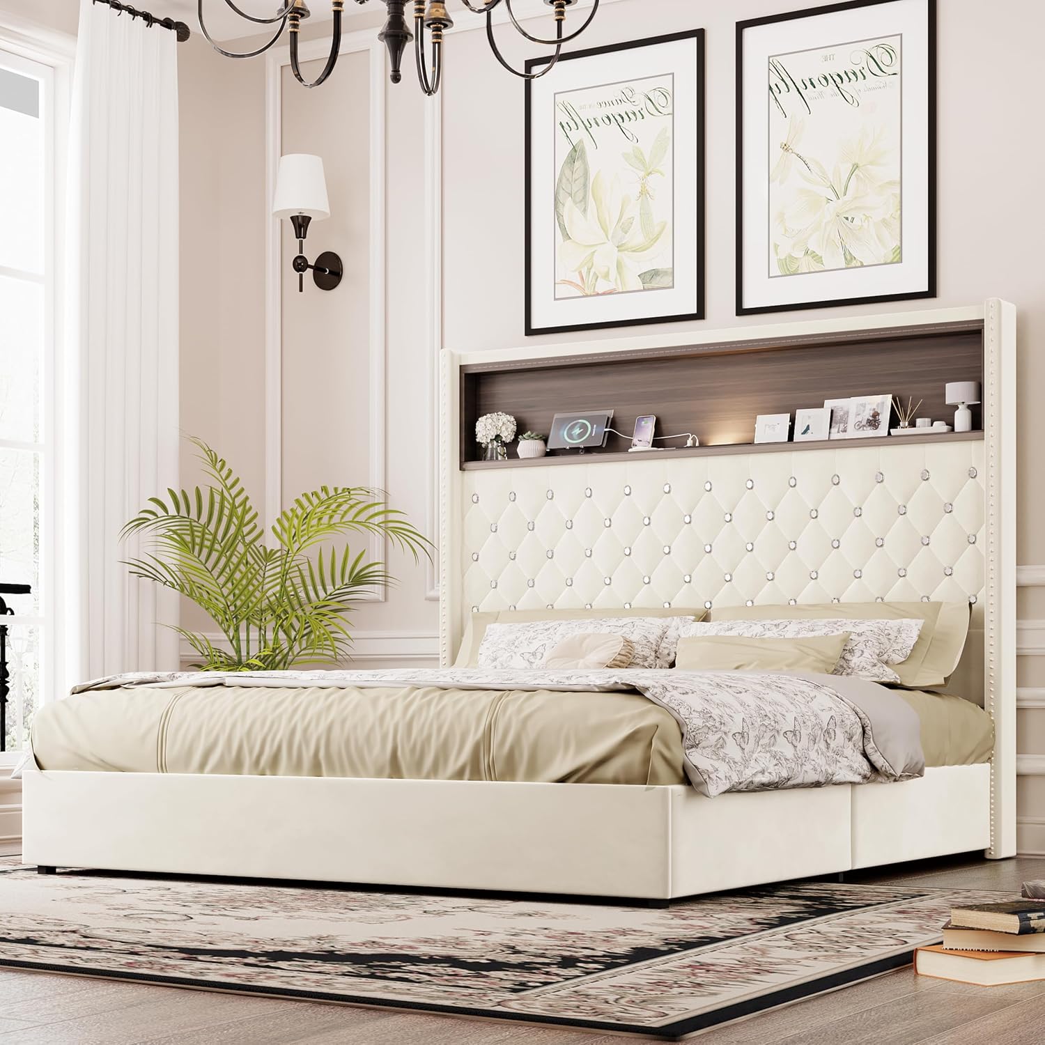 Queen Size Bed Frame with Storage, Velvet Tufted Soft Bed Frame with 52'' High Headboard with Rivet Decoration, Wing-back Platform Bed with Headboard Shelf, No Box Spring Needed (Beige,Queen,42)