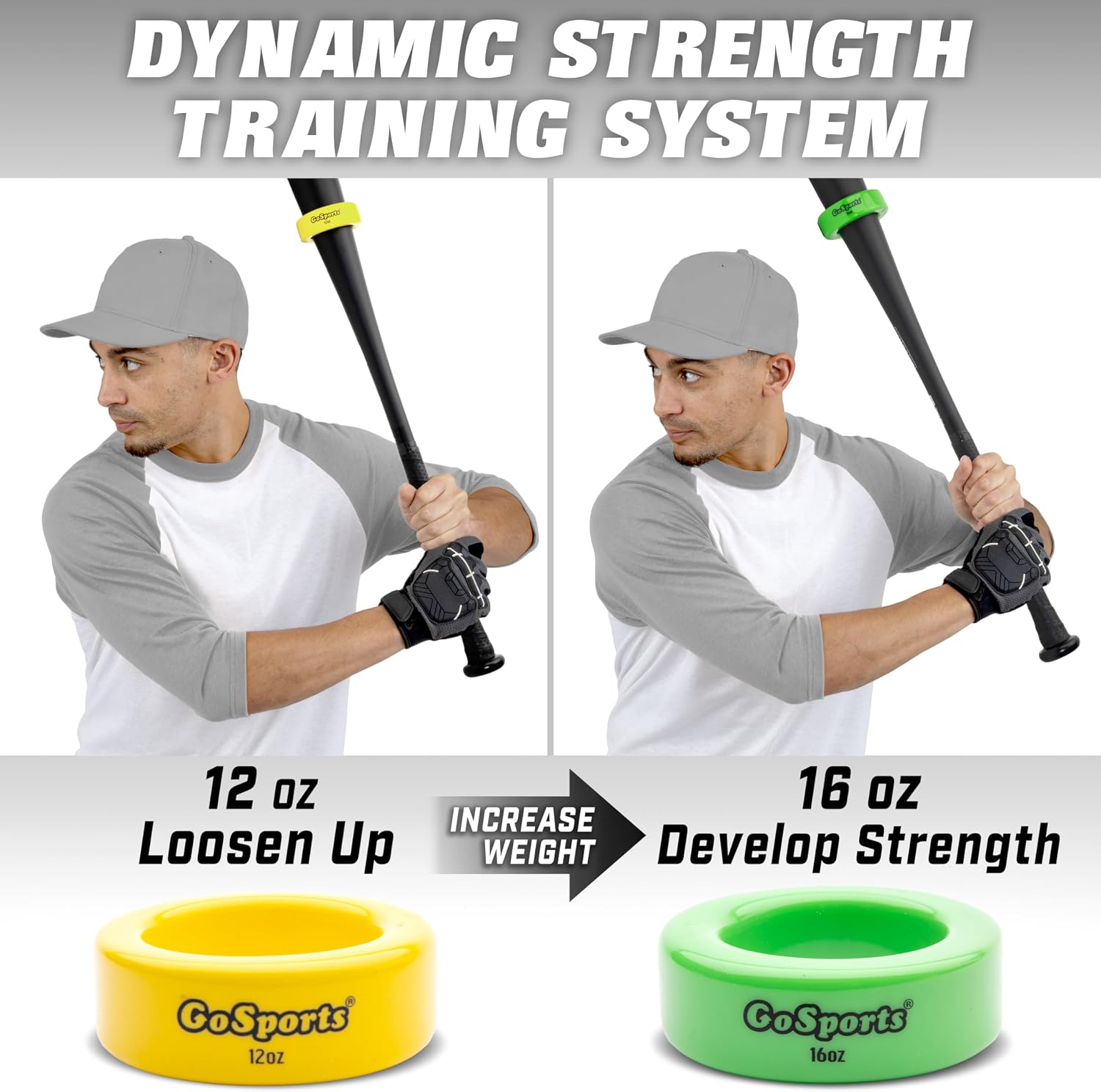 GoSports Baseball and Softball Bat Weights - 2 Pack Baseball Donuts - 16 oz & 12 oz