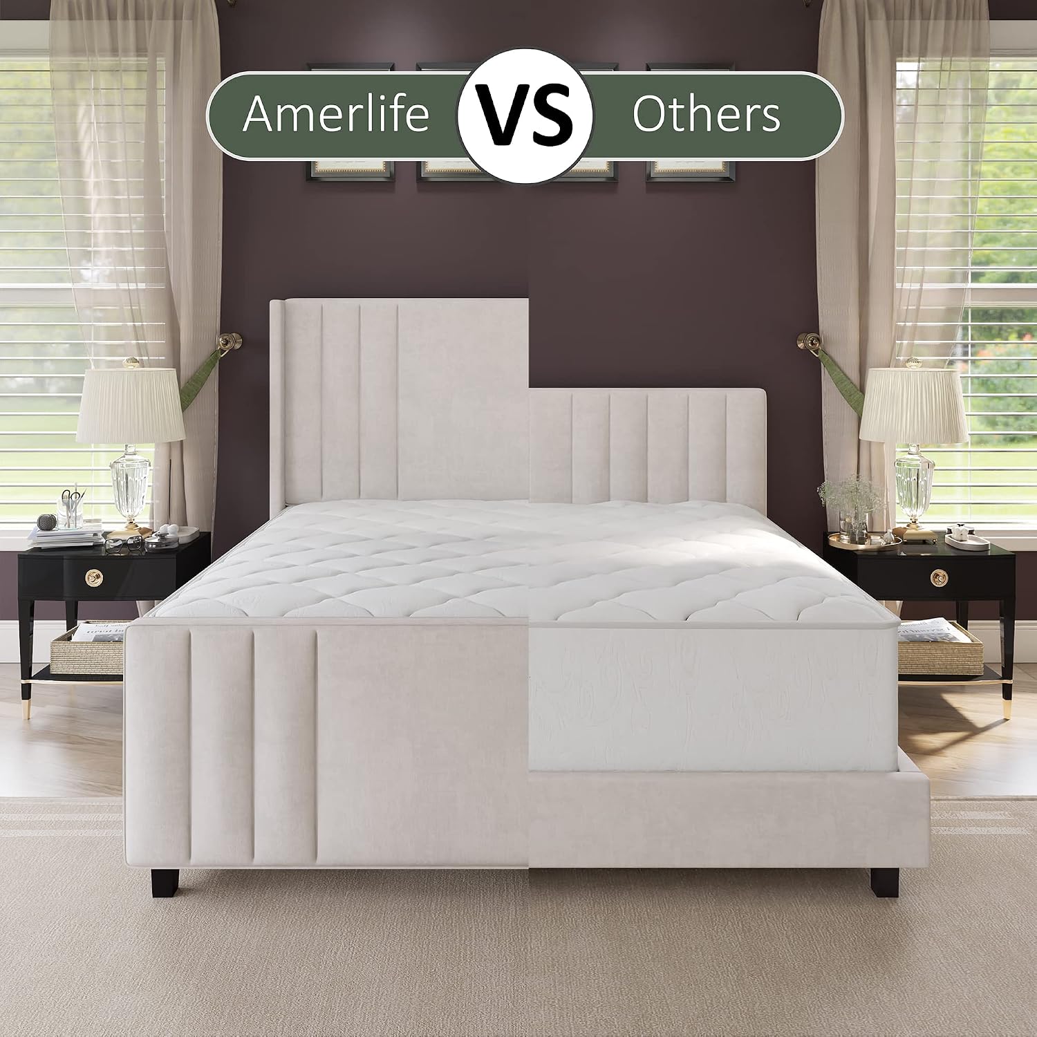 AMERLIFE Queen Size Bed Frame, Velvet Upholstered Platform Bed with Vertical Channel Tufted Headboard & Footboard/Wingback, Mattress Foundation with Wood Slats, No Box Spring Needed, Cream
