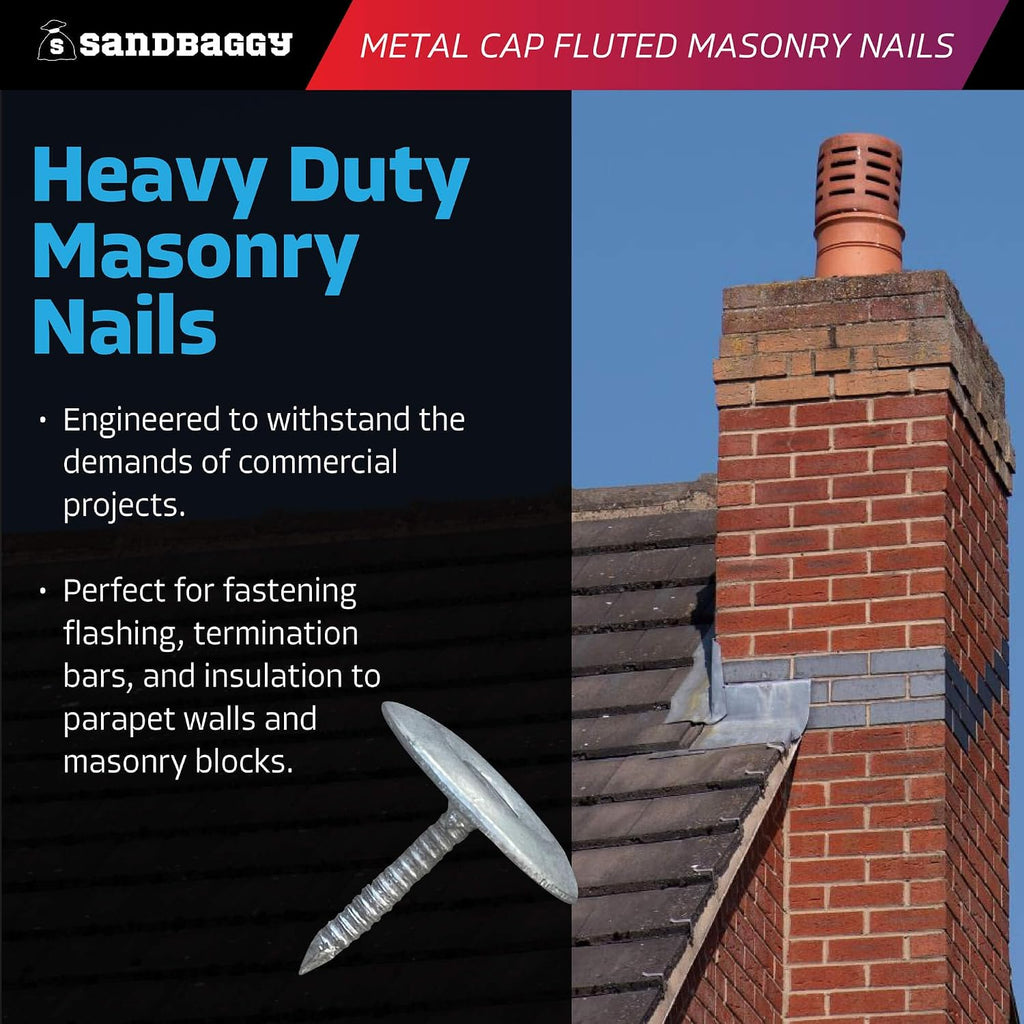 Sandbaggy 1' Metal Cap Fluted Masonry Nails - Electro Galvanized Steel (appx. 75 nails/lb) - Cement, Brick, Concrete Nails (25, Pounds)