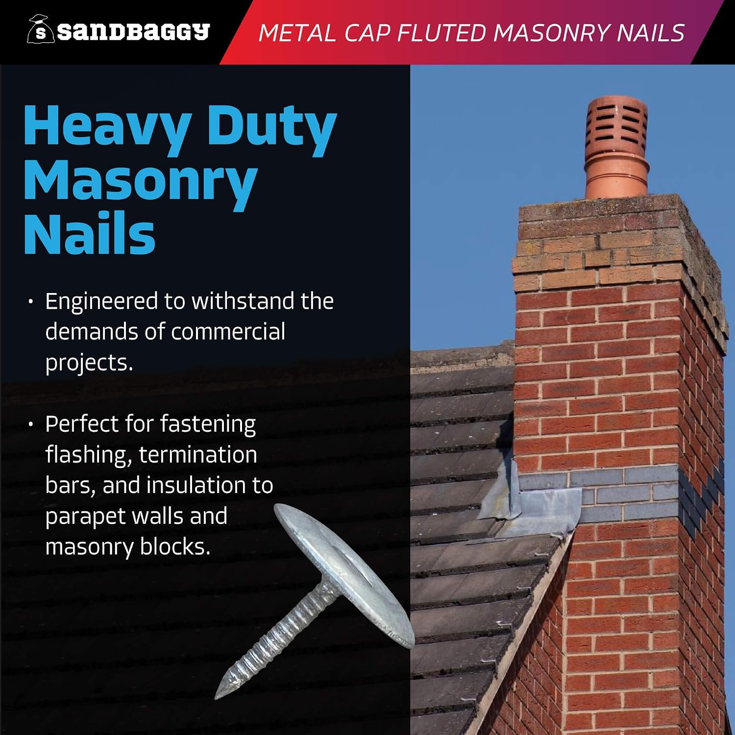 Sandbaggy 1' Metal Cap Fluted Masonry Nails - Electro Galvanized Steel (appx. 75 nails/lb) - Cement, Brick, Concrete Nails (25, Pounds)