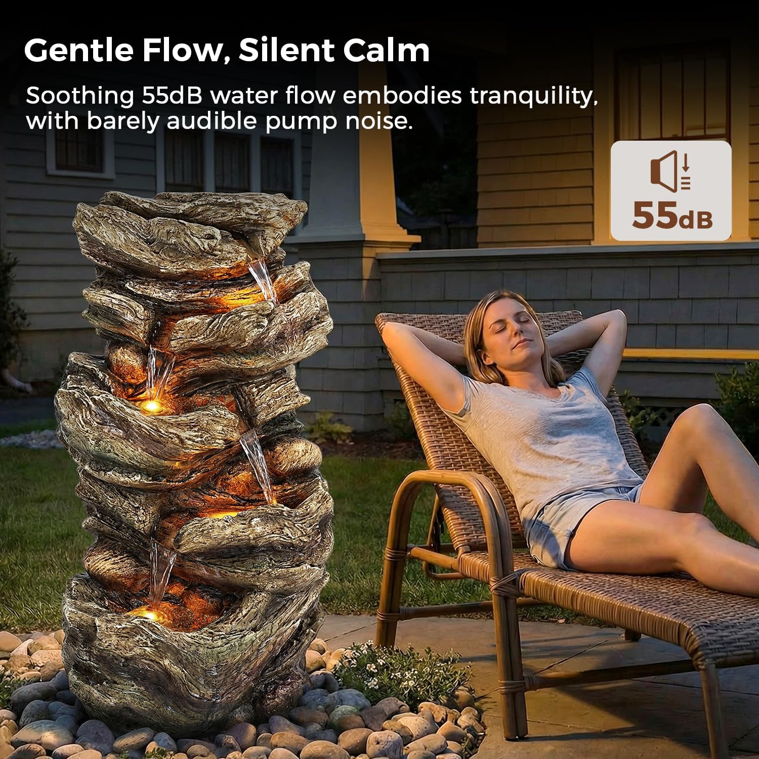 Jocoevol 32' High Outdoor Water Fountain, 5-Tiers Cascading Rock Waterfall Fountain with LED Lights for Garden, Patio, Yard Decor, Soothing Tranquility for Any Outdoor Living Space