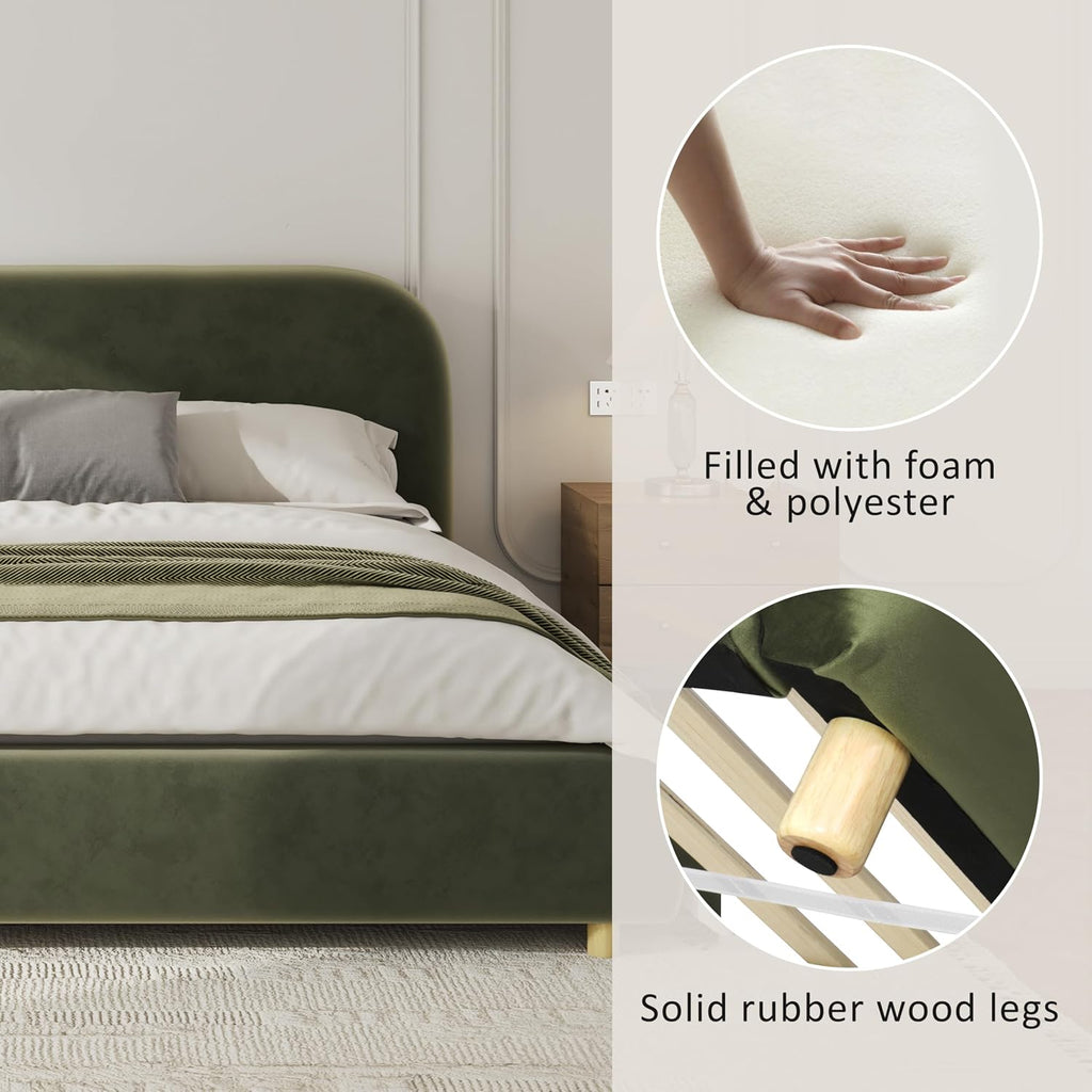 King Size Platform Bed with Curve-Shaped Design Headboard, Velvet Fabric Upholstered Platform Bed with Strong Support, Modern Bed Frame, No Box Spring Needed, Easy Assembly (Olive Green,King,8)