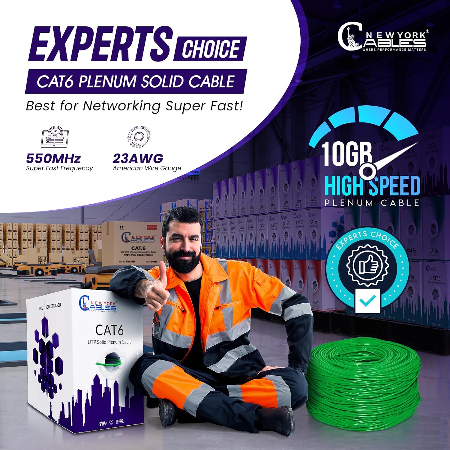 NewYork Cables | CAT6 Plenum Cable 1000ft | UTP, 550MHz, 23AWG, 4Pair 10GB | Most Certified CMP-Rated Fire-Retardant Bulk Cat 6 Ethernet Cable for Networking & Gaming (1000ft, Solid Conductor, Green)