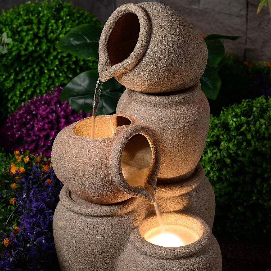 29.53' H 3-Tiers Cascading Jars Outdoor Water Fountain Made with Eco-Friendly Recyclable Materials, Polyethylene Waterfall Fountain, Outdoor Decor with LED Lights for Patio, Backyard