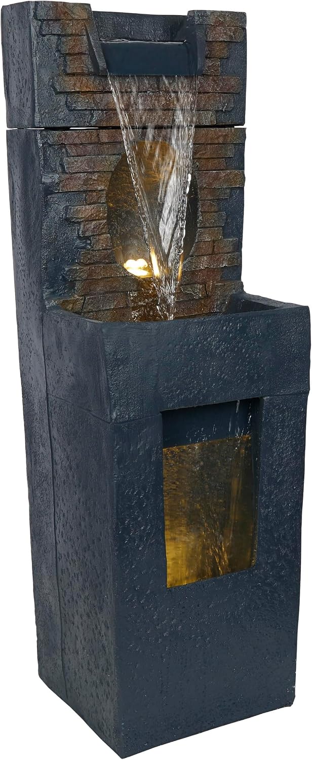 Alpine Corporation TZL398 40' Stone Wall Cascading Fountain with LED Lights, Elegant Outdoor Water Feature for Garden, Patio, Backyard & Home Decor, Relaxing Waterfall Fountain, Gray