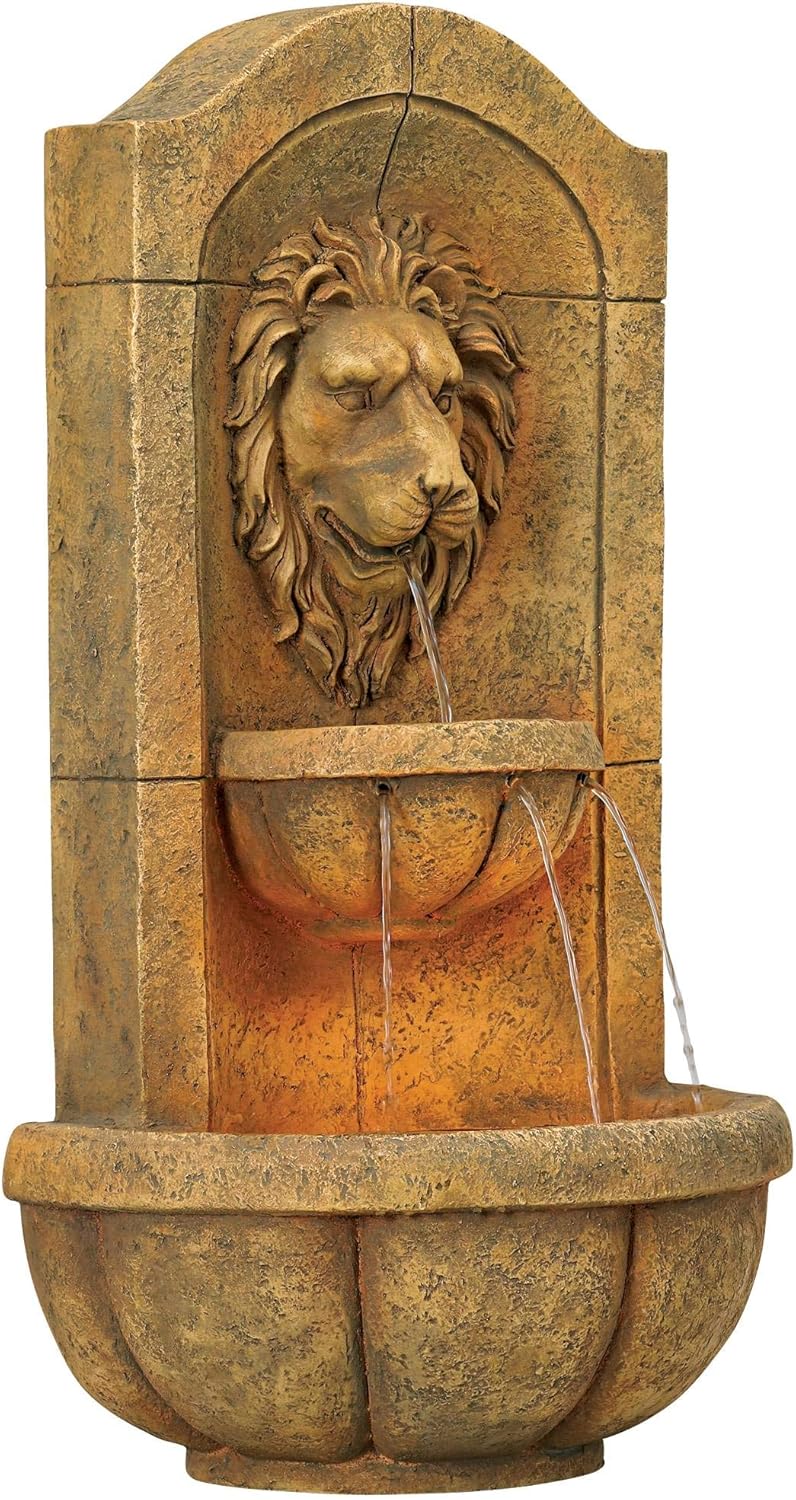 Royal Lion Head 29 1/2' High Large Italian Indoor Outdoor Decor Faux Stone Wall Fountain with Light LED Statue Waterfall Tiered Water Feature for Outside Garden Patio Yard Backyard - John Timberland