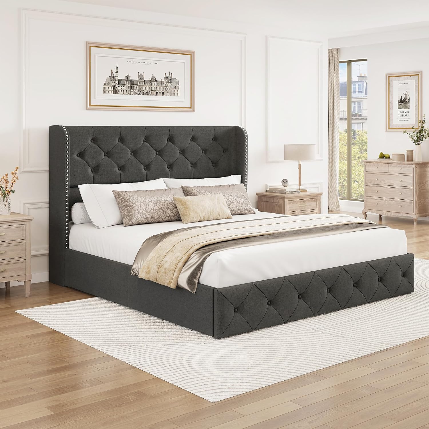 BRELTAM Queen Size Bed Frame with Storage Drawers and Wingback Headboard Linen Upholstered Platform Bed Frame Tufted Beds with Heavy Duty Wood Slats, Noise Free, Easy Assembly, Dark Grey