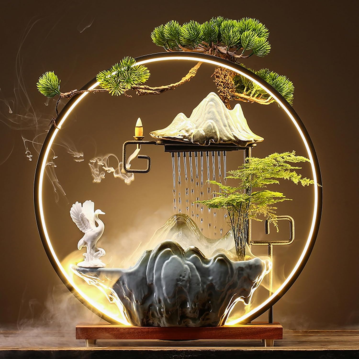 Crane Tabletop Fountain Indoor Waterfall Fountain Office Tabletop Water Fountain with Lights Backflow Incense Burner Ceramic Indoor Zen Decor for Home Office Yoga Meditation (Crane)