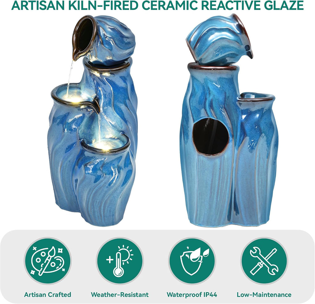 29' Outdoor Water Fountain, Ceramic Outdoor Fountain, Stacked 4-Tier Pots Waterfalls for Garden, Patio, Yard, or Porch Decor, Creating Relaxing Serene Oasis, Dynamic Wave-Texture, Turquoise