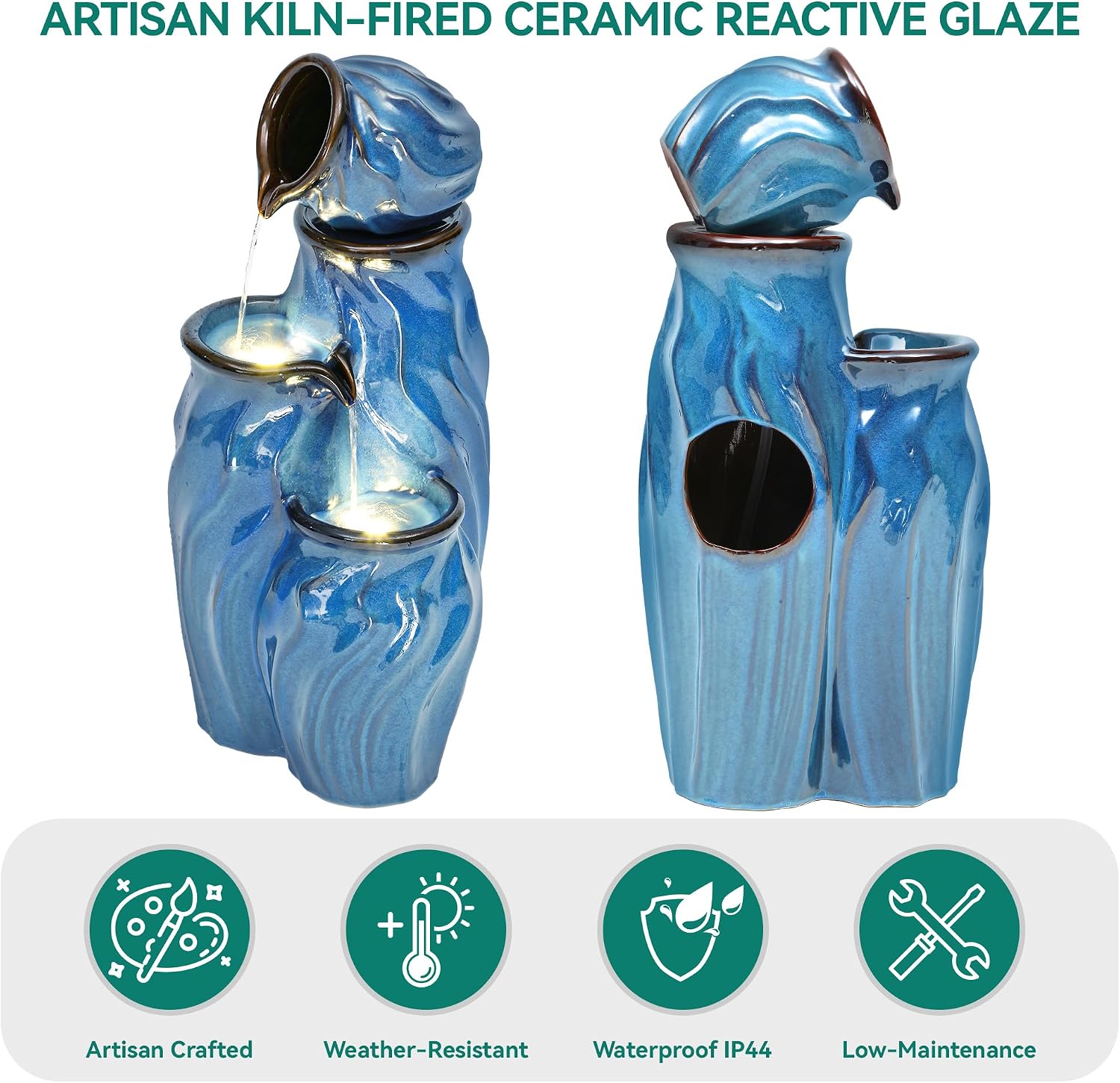 29' Outdoor Water Fountain, Ceramic Outdoor Fountain, Stacked 4-Tier Pots Waterfalls for Garden, Patio, Yard, or Porch Decor, Creating Relaxing Serene Oasis, Dynamic Wave-Texture, Turquoise
