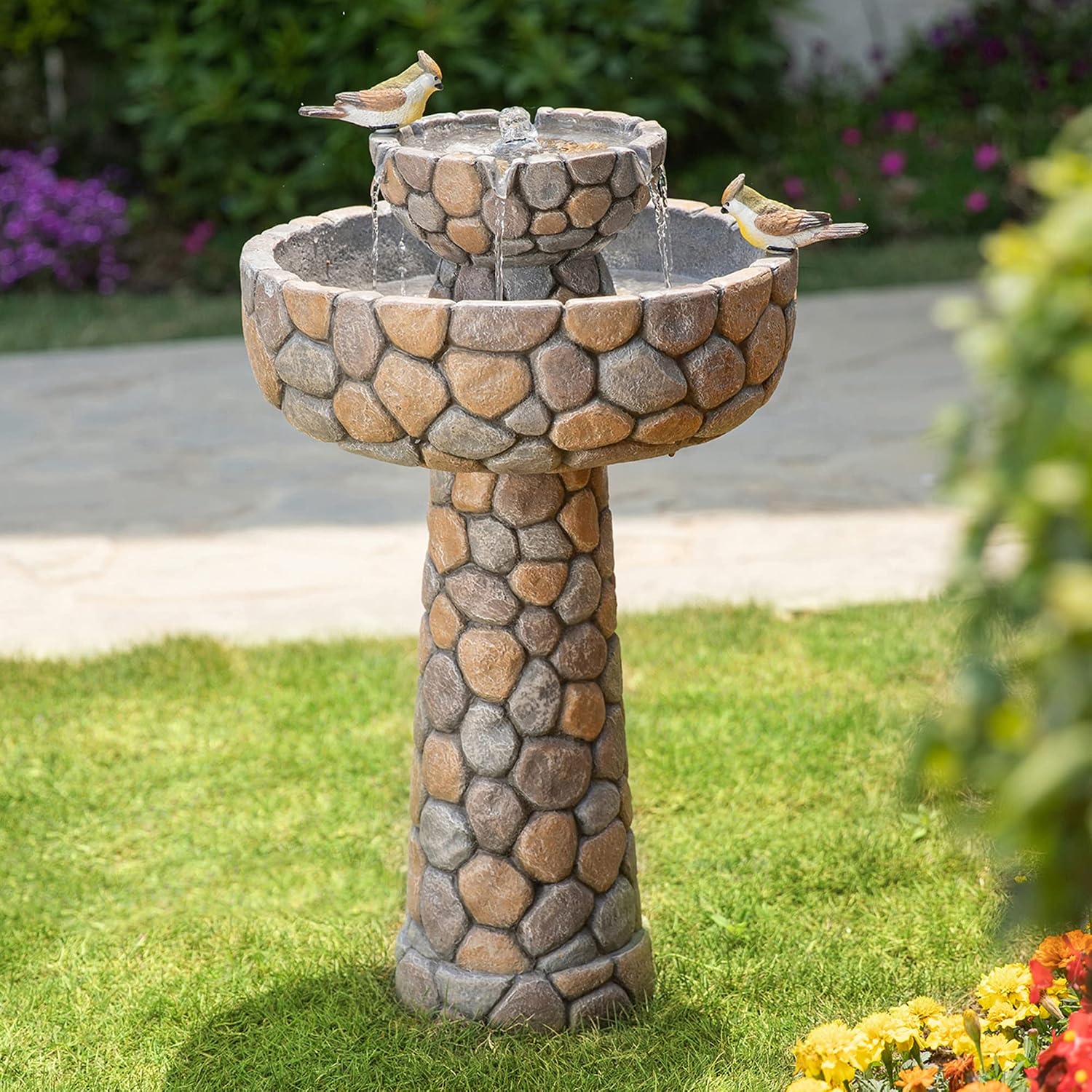 Glitzhome 2-Tier Stone Like Outdoor Water Fountain with Birds, Bird Bath Outdoor Waterfall Fountain Decor, Freestanding Water Fountains with Pump for Garden Yard Patio Porch, 24.41'H