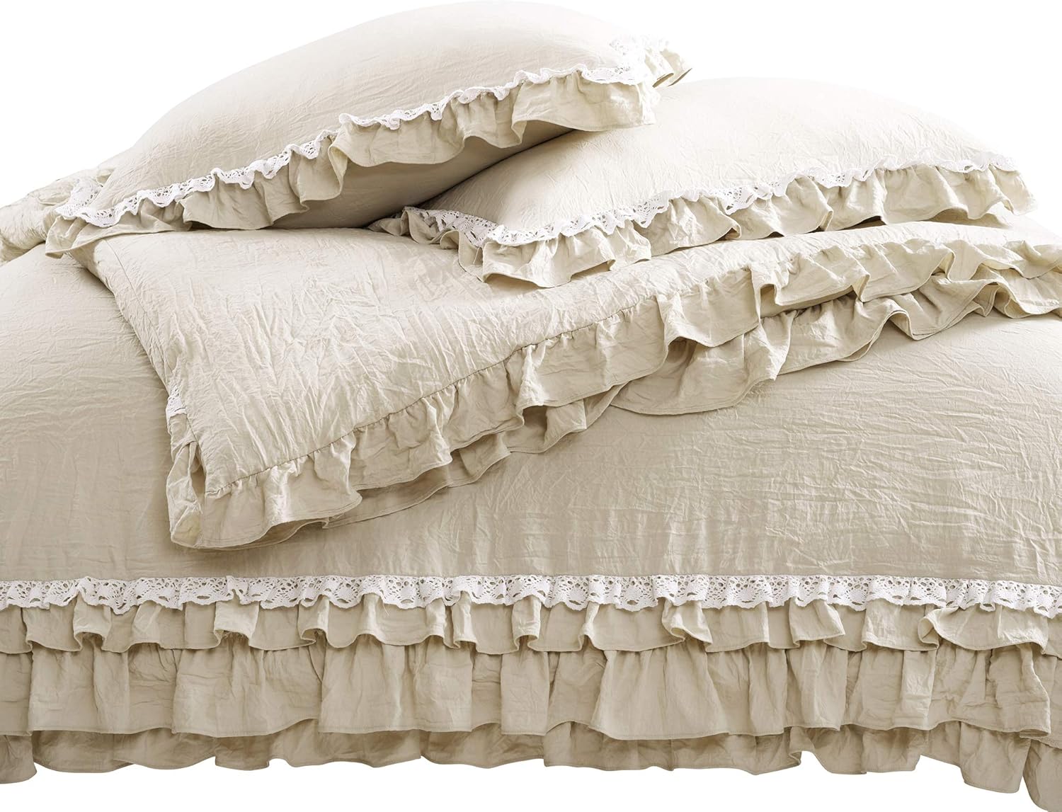 Lush Decor Ella Ruffle Lace Comforter, 3 Piece Set, King, Neutral - Cute Comforter - King Bedding Set - Beige Bedding - Coquette Decor - Beige Lace Trim - Ruffle Trim