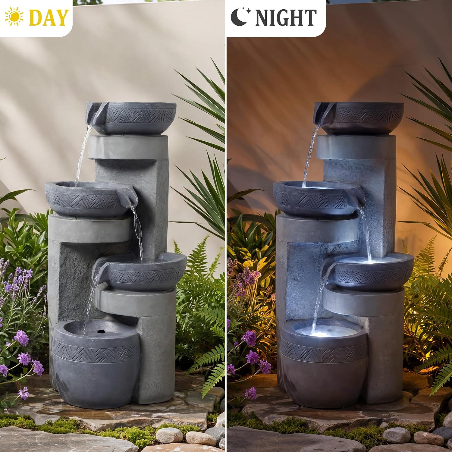 31.5' Tall Outdoor Water Fountain, 4 Tier Cascading Bowls and Stacked Water Fountain with LED Lights, for Yard Décor, Backyard, Patio and Deck (31.5'')