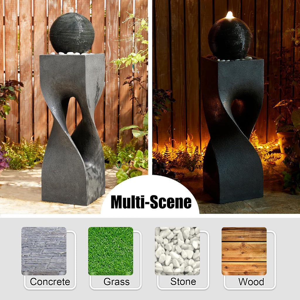 Glitzhome Modern Geometric Outdoor Water Fountain with LED Light, Oversized Pedestal Water Fountains with Submersible Pump, Sphere Floor Standing Fountain with Pebbles for Garden Patio Decor, 40.5'H