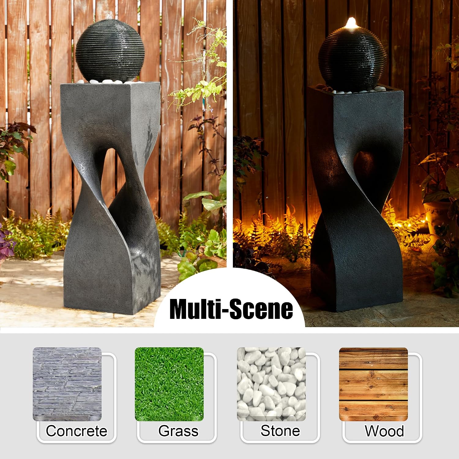 Glitzhome Modern Geometric Outdoor Water Fountain with LED Light, Oversized Pedestal Water Fountains with Submersible Pump, Sphere Floor Standing Fountain with Pebbles for Garden Patio Decor, 40.5'H
