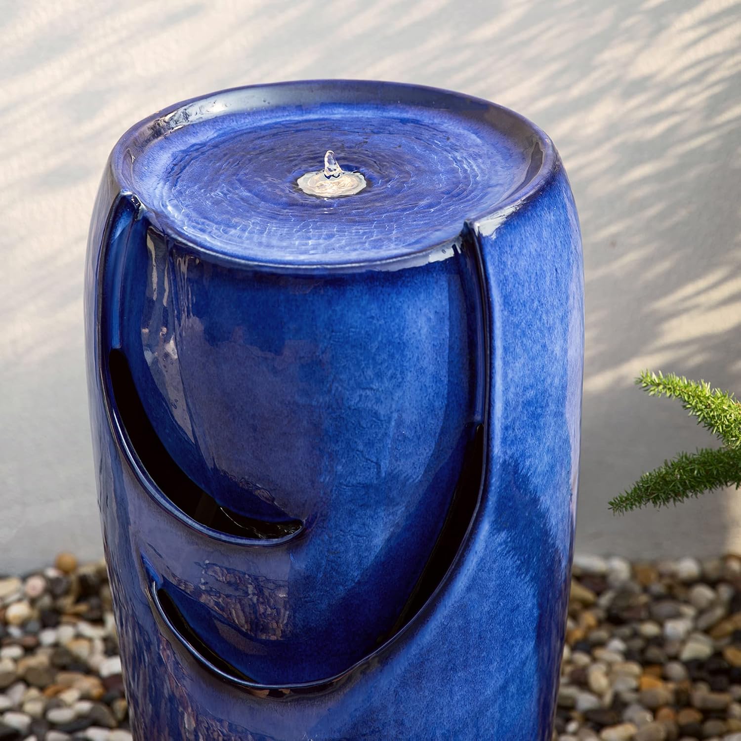 Glitzhome Outdoor Water Fountain with LED Light, Oversized Ceramic Vase Water Fountains Outdoor, Tall Water Feature Backyard Fountain for Garden Patio, Cobalt Blue, 29.3'H