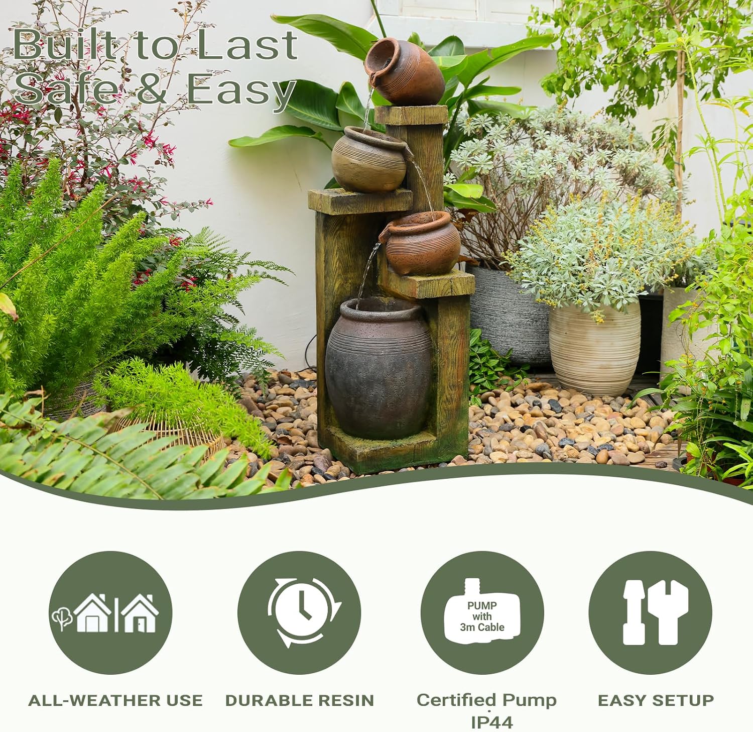 Outdoor Water Fountain with LED Lights, 4-Tier Cascading Waterfall Fountain, Rustic Wood Barrel Resin Outdoor Water Fountain for Garden Patio Backyard Porch Indoor Decor, 36.6' H